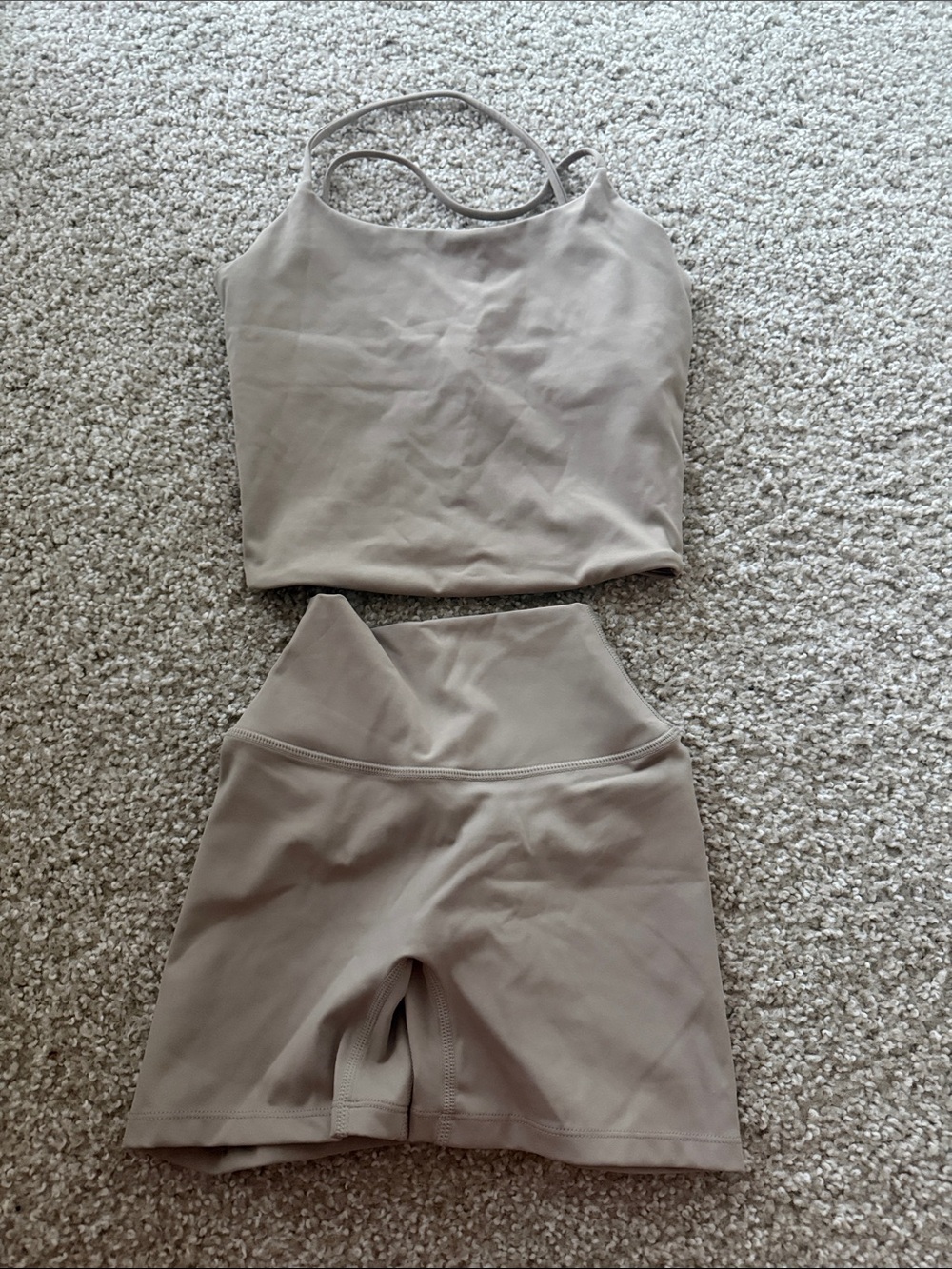 Seamless High-Rise Bike Shorts & Strappy Crop Tank — Taupe